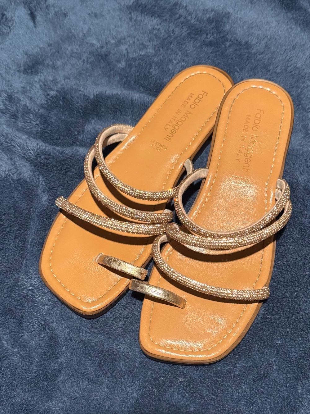 Women's Tan Slide Sandals with Metallic Straps